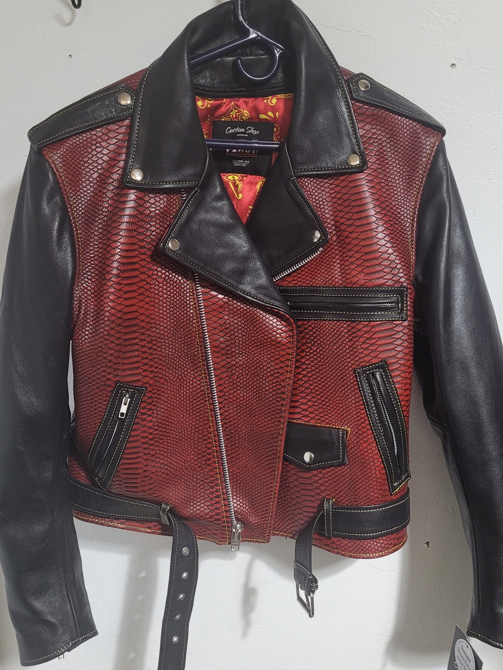 Red & Black Textured Leather Biker Jacket